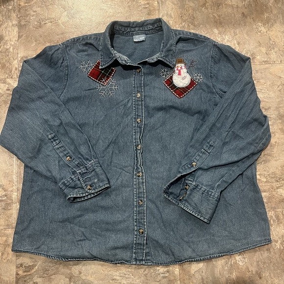Holiday Editions Tops - 90s Denim Button Up Christmas Shirt Snowman Embroidered Holiday Top Womens XL